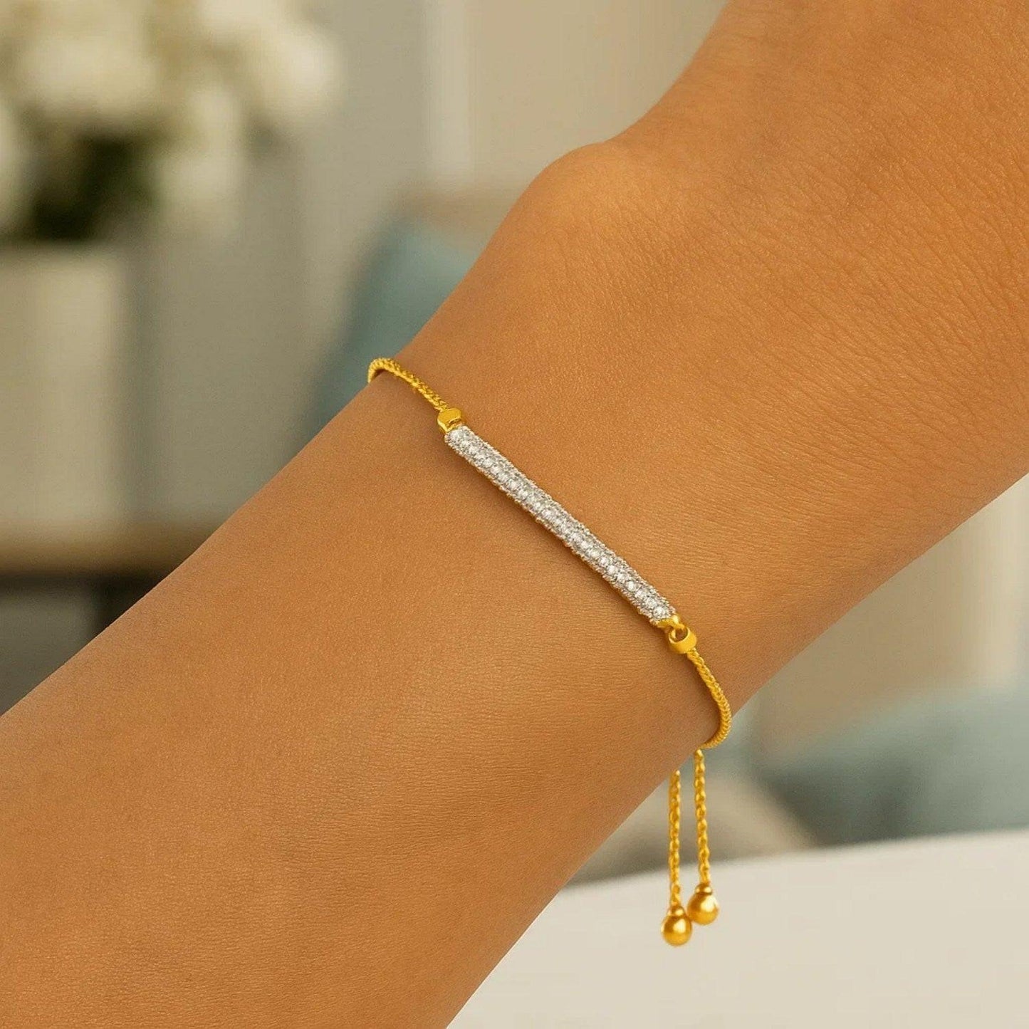 14k Yellow Gold Adjustable Bracelet with Textured Bar and Diamonds