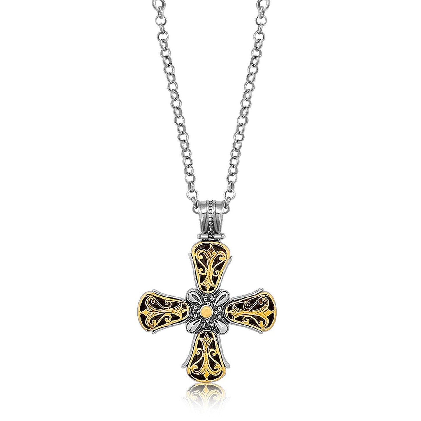 18K Yellow Gold and Sterling Silver Fancy Antique Style Cross Pendant