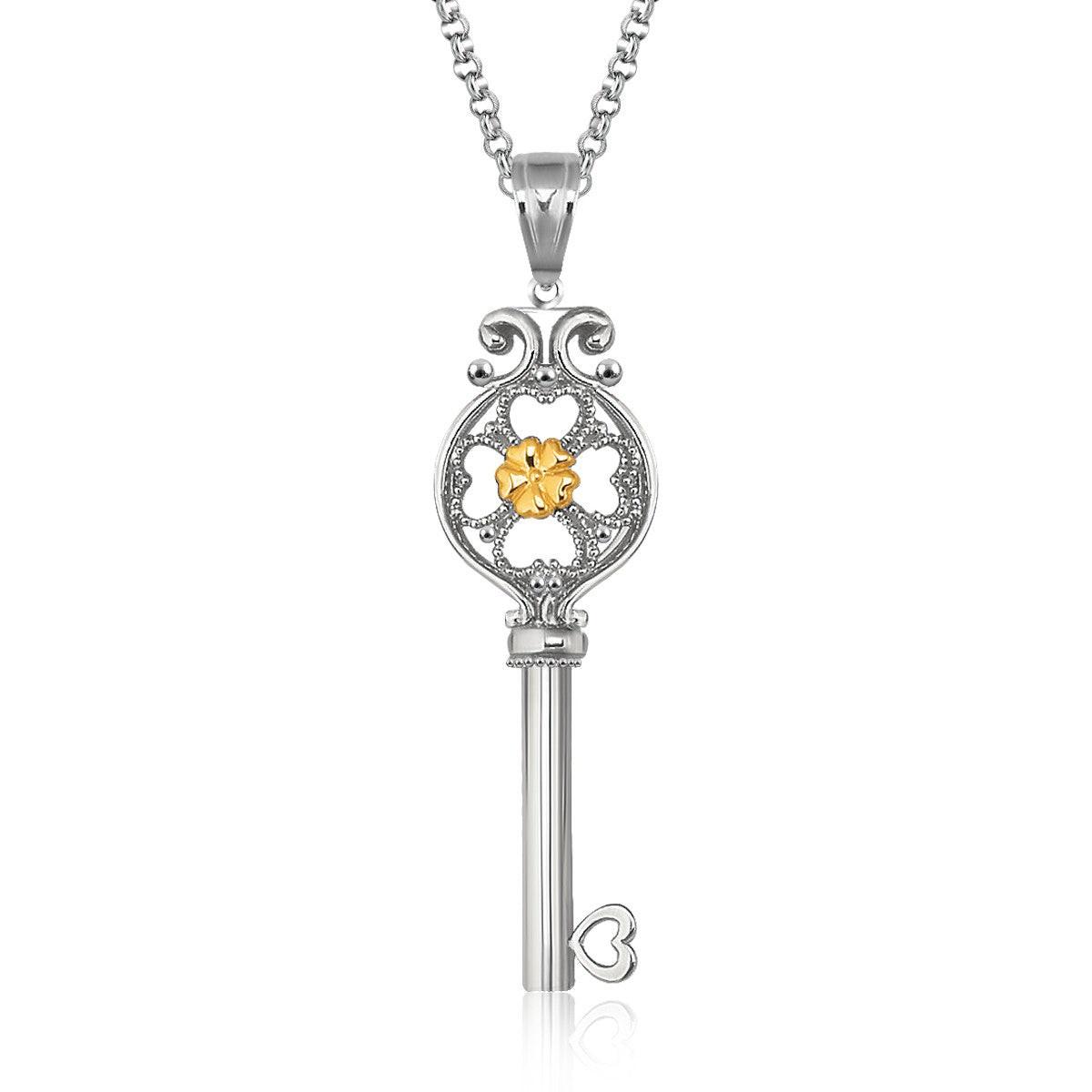 14K Yellow Gold & Sterling Silver Designer Floral Key Pendant