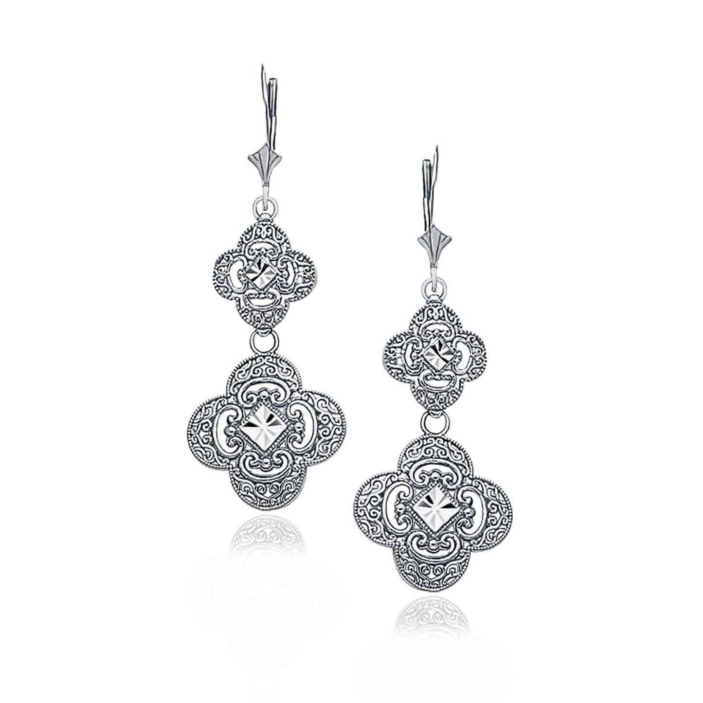 14K White Gold Vintage Look Double Quatrefoil Dangle Earrings