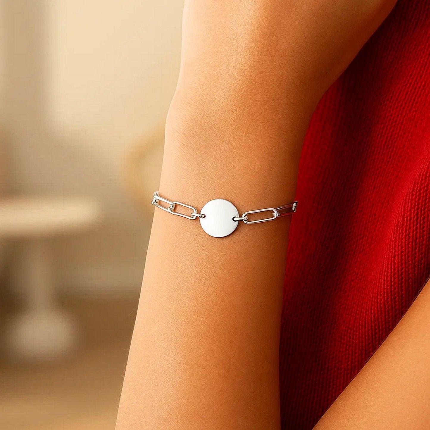 Sterling Silver Rhodium Plated Engravable Circle Paperclip Bracelet (2.10 mm)