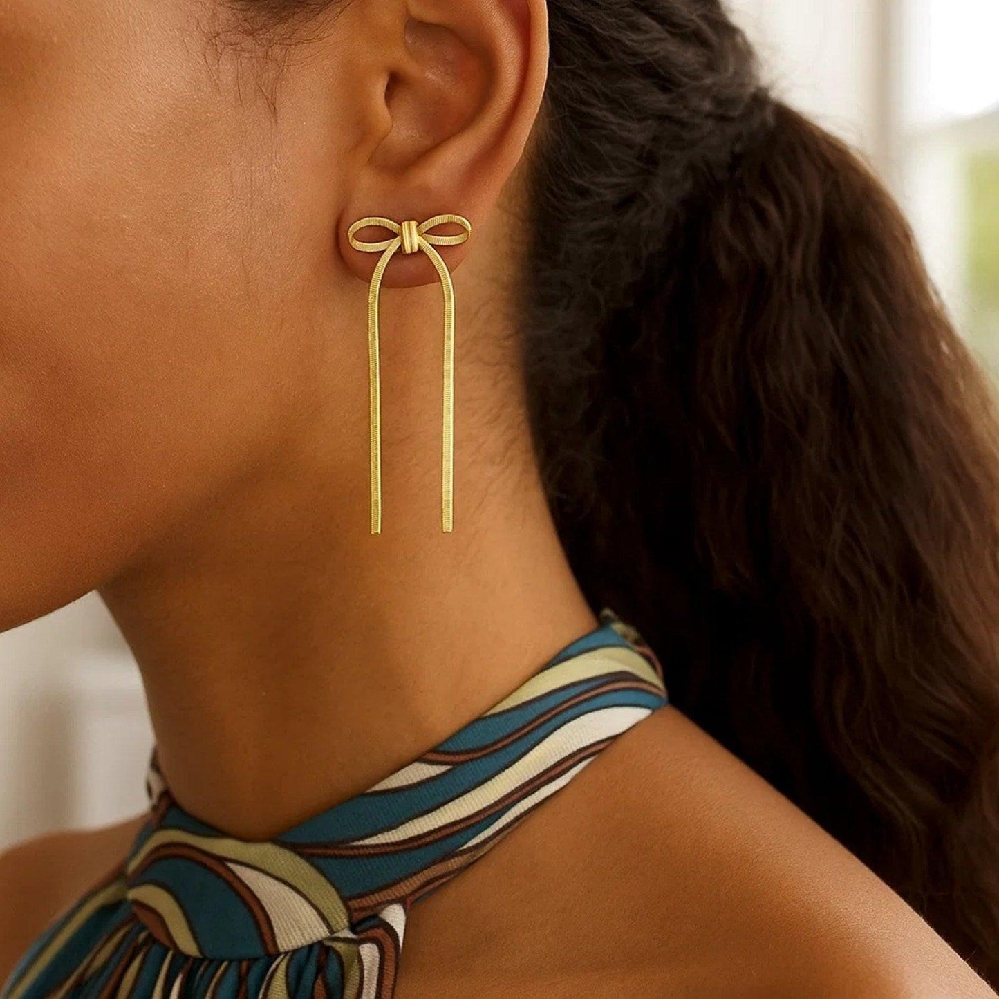 Sterling Silver Yellow Gold Plated Snake Chain Drop Dangle Bow Earrings