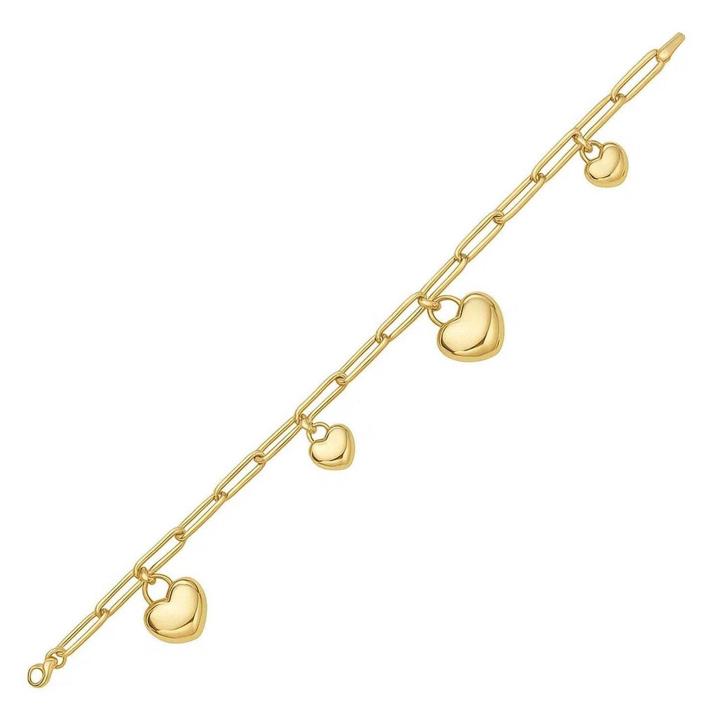 14K Yellow Gold Puffed Heart Charm Bracelet