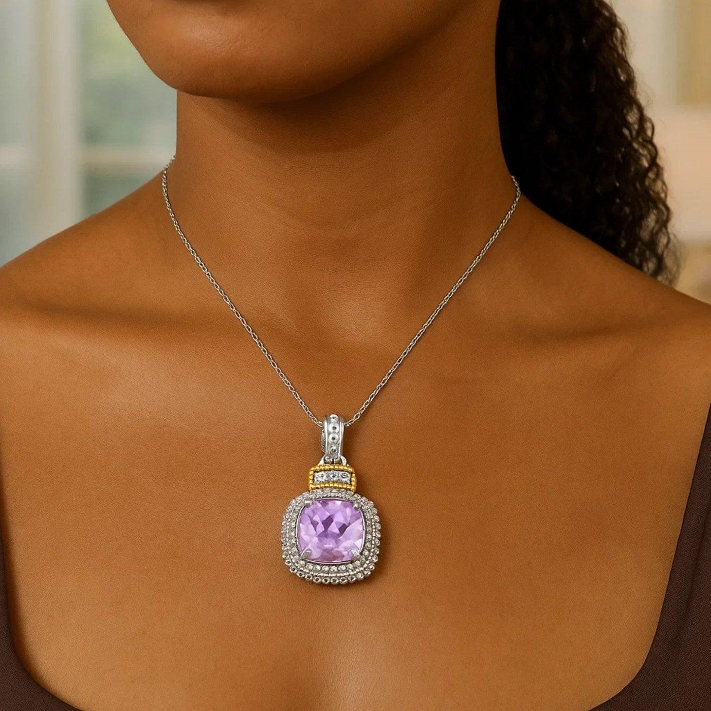 18k Yellow Gold & Sterling Silver Cushion Amethyst and Diamond Pendant