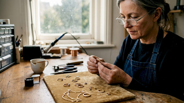 Jeweler inspecting 18K gold rings and necklace