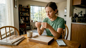 Woman comparing gold pendant chains at home