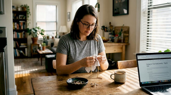 Woman cleaning gold necklace at kitchen table