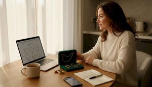 Woman researching gold jewelry alternatives at kitchen table