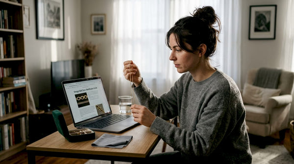 Woman evaluating 10K gold chain at desk