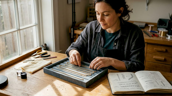 Jeweler arranging gold rope chains on velvet tray
