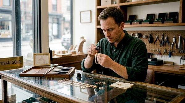 Jeweler evaluating solid gold jewelry at desk
