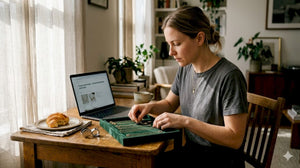 Woman examines gold chains at home table