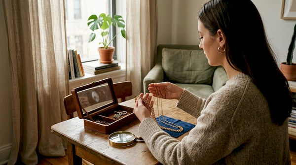 Woman comparing gold and gold-plated chains