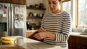 Woman putting on gold jewelry at kitchen island