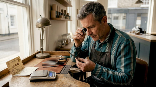Jeweler examining gold ring for hallmark at workbench