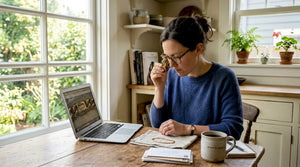 Woman buying gold jewelry safely online at home