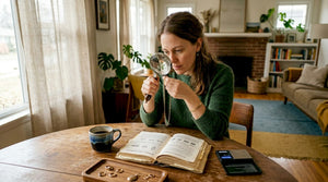 Woman checking gold jewelry authenticity at home