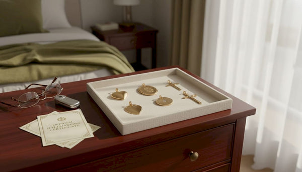 Gold pendants arranged on jewelry tray