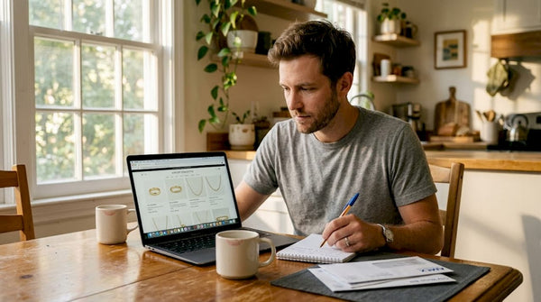 Man researching gold jewelry alternatives at kitchen table
