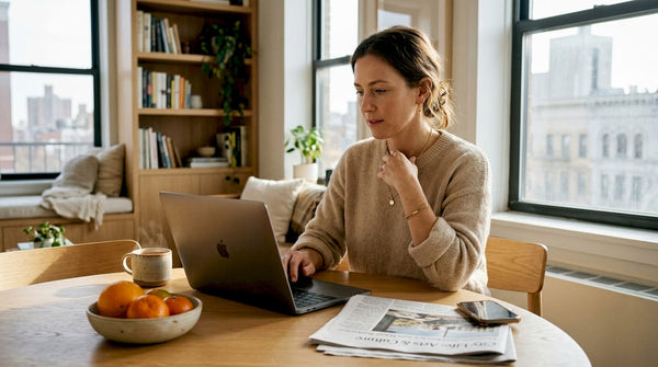 Woman casually wearing solid gold jewelry at home