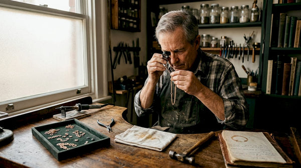 Jeweler inspecting gold chain in studio