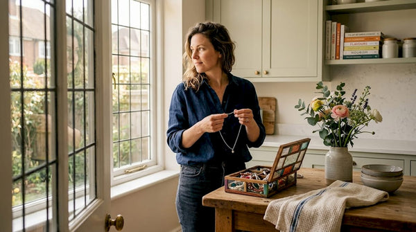 Woman choosing pendant necklace at vanity