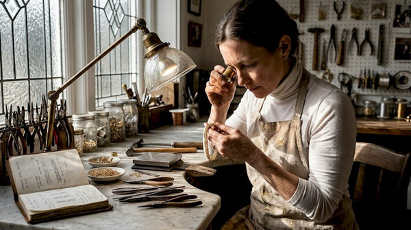 Jeweler inspecting Byzantine chain bracelet