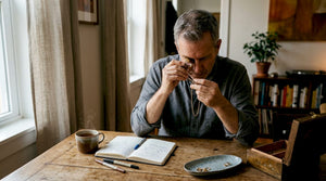Man inspecting gold chain at kitchen table
