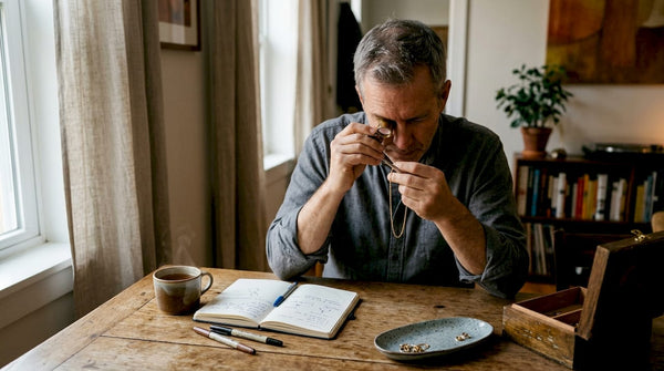 Man inspecting gold chain at kitchen table