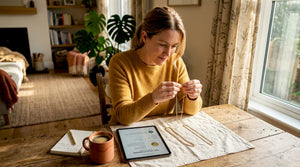 Woman at kitchen table comparing gold chains