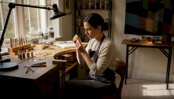 Jeweler inspecting a gold ring at workbench