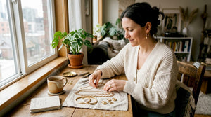 Designer arranging classic gold jewelry in sunlight