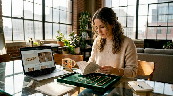 Woman comparing gold chains at kitchen table