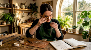Jeweler inspecting gold necklace in studio