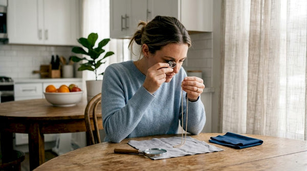 Woman verifying gold jewelry with loupe at table
