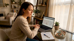 Woman shopping for gold jewelry online at home