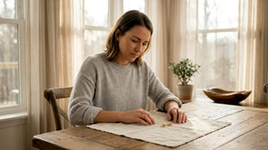 Woman comparing two gold rings at kitchen table
