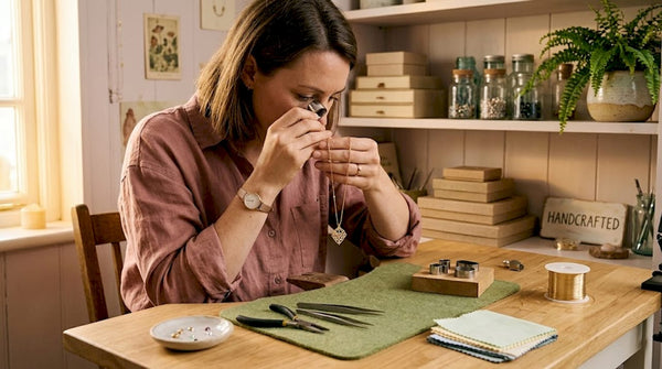 Jeweler inspecting gold necklace at workbench