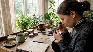 Artisan inspecting gold jewelry at studio bench