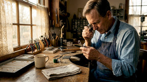 Jewelry maker examining diamond ring at bench