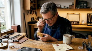 Jeweler in shop inspects gold bar authenticity