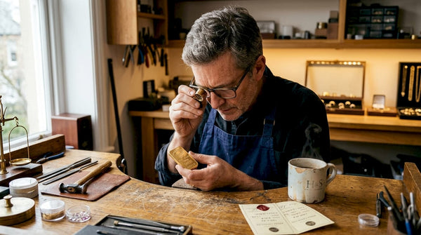Jeweler in shop inspects gold bar authenticity