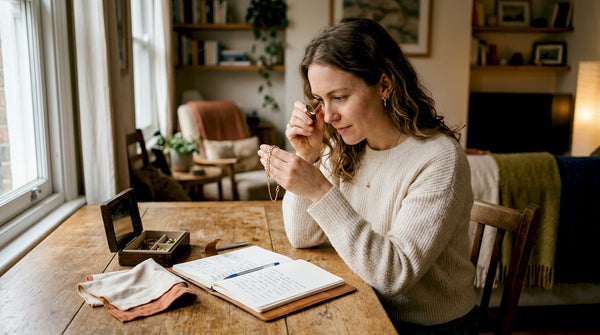 Woman inspects gold bracelet at kitchen table