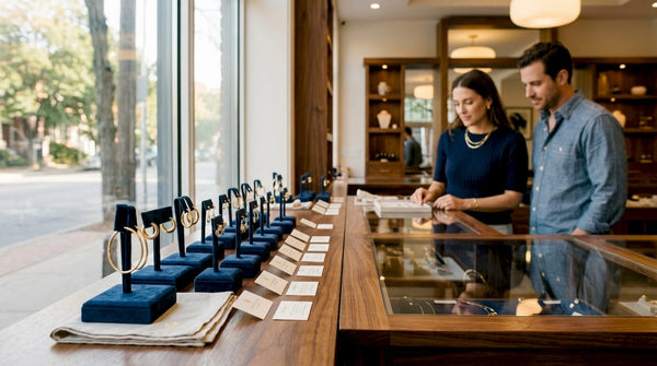 Variety of gold earrings on display in jewelry store