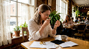 Woman examining gold necklace in home office light
