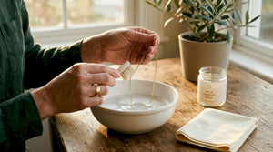 Hands cleaning gold chain with brush and bowl