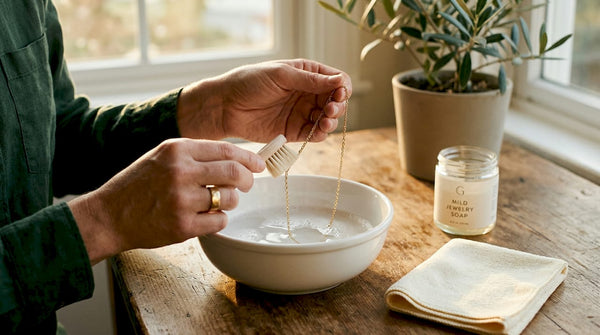 Hands cleaning gold chain with brush and bowl