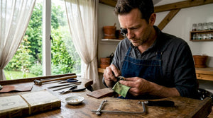 Goldsmith crafting ring in jewelry workshop