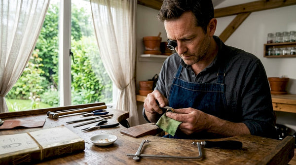Goldsmith crafting ring in jewelry workshop