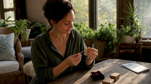 Woman examining gold birthstone necklace at table